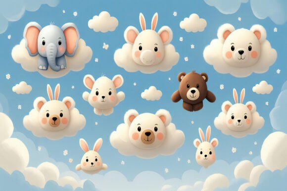 A Group of Cartoon Animals in the Sky