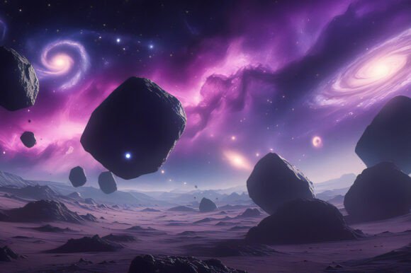 Floating Asteroids in a Purple Cosmic: A Stunning Background for Creative Projects